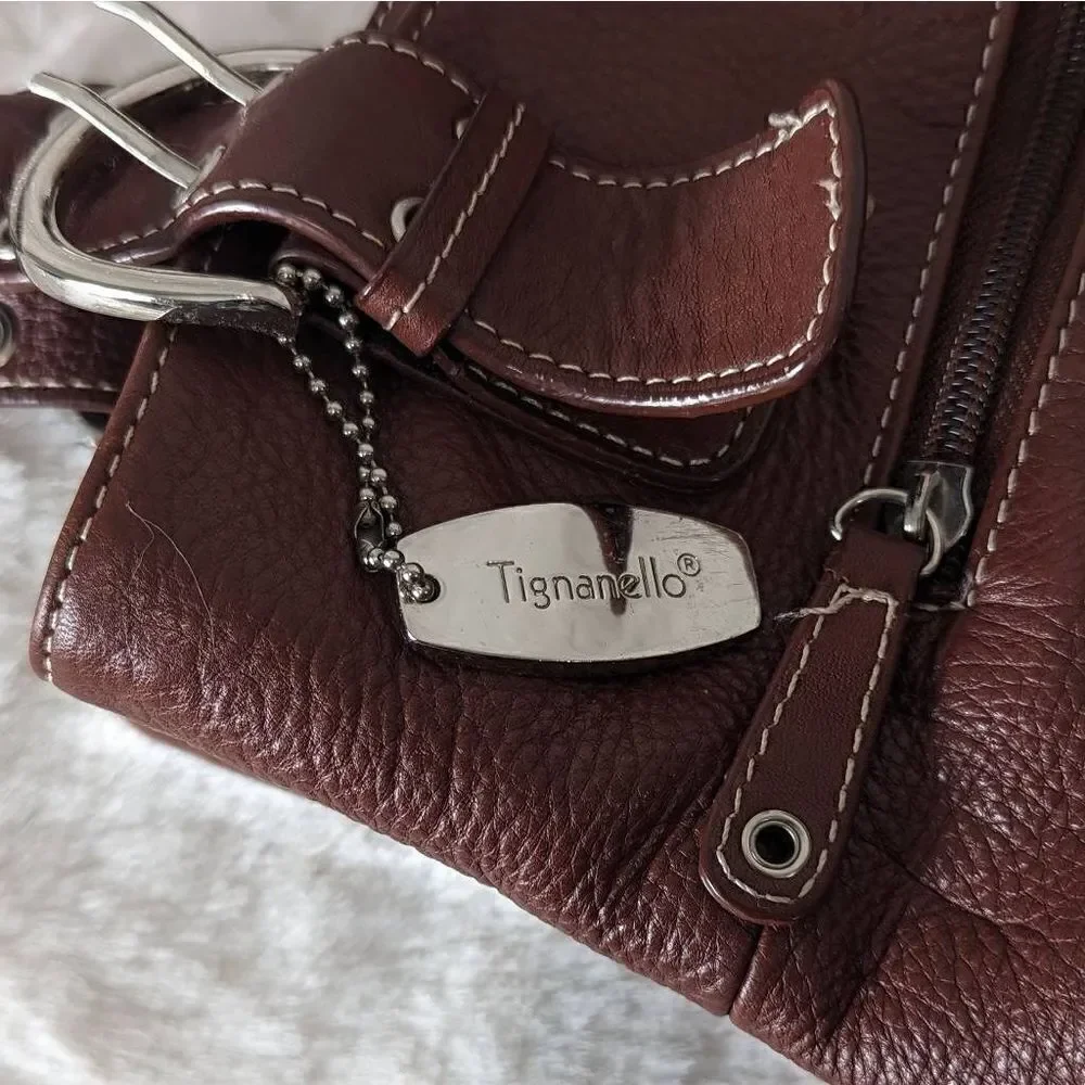 Tignanello Womens Shoulder Bag Genuine Leather Adjustable Strap Brown Leather